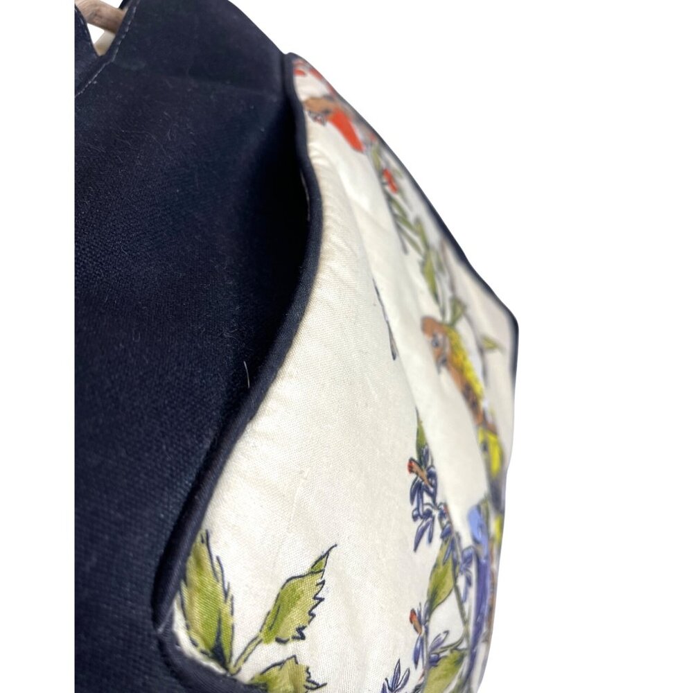 Quilted Bird Tote Bag Purse Lined Black Fabric Handbag Pocket Blue Jay Vintage - Picture 7 of 12